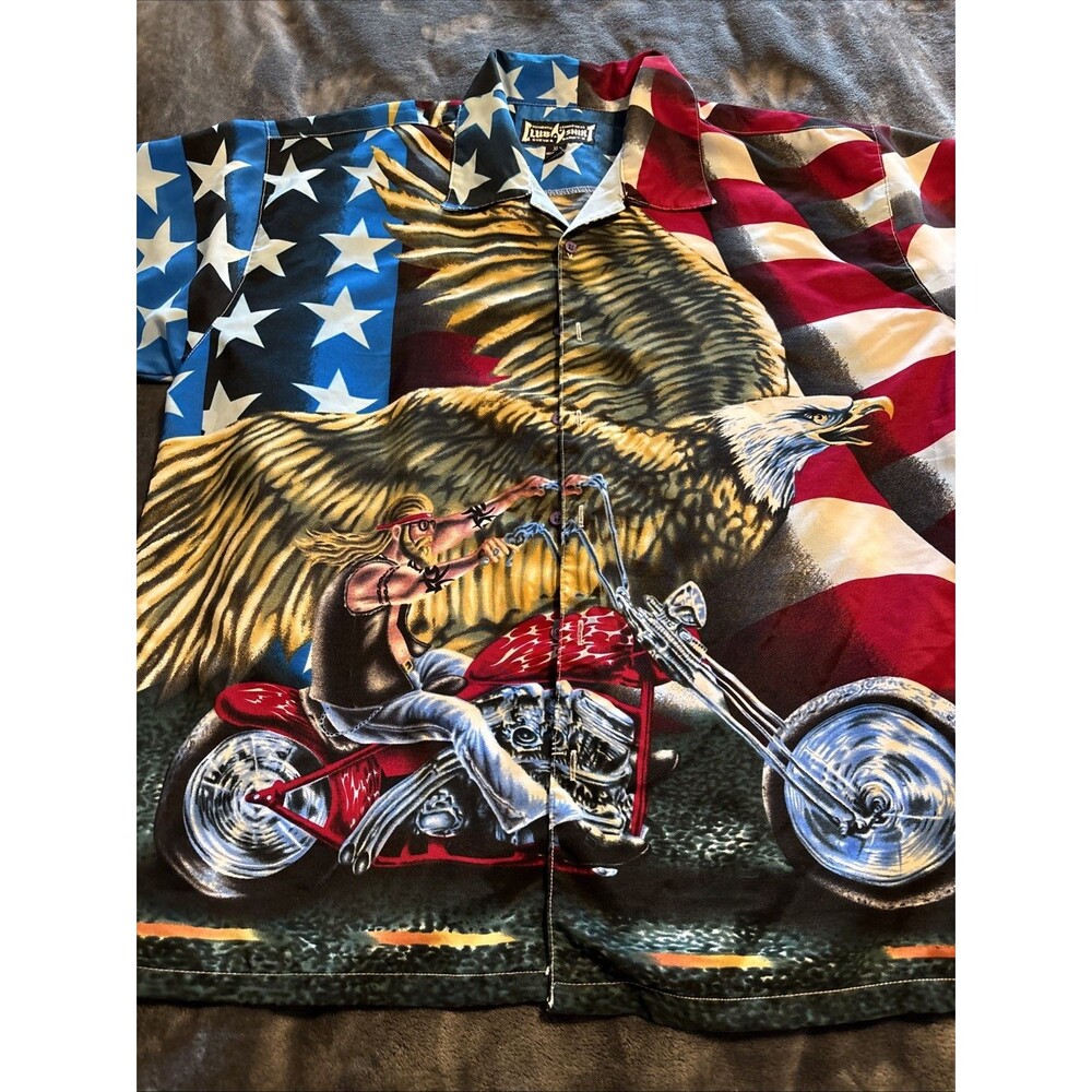 #87 Mens All Over Print Flag Eagle Motorcycle Button Front Shirt XLarge